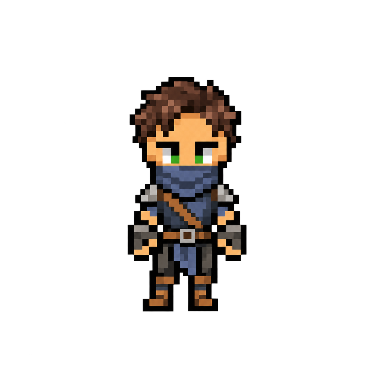 Guerreiro de DrakHold em pixel art, com roupa azul e proteções de metal