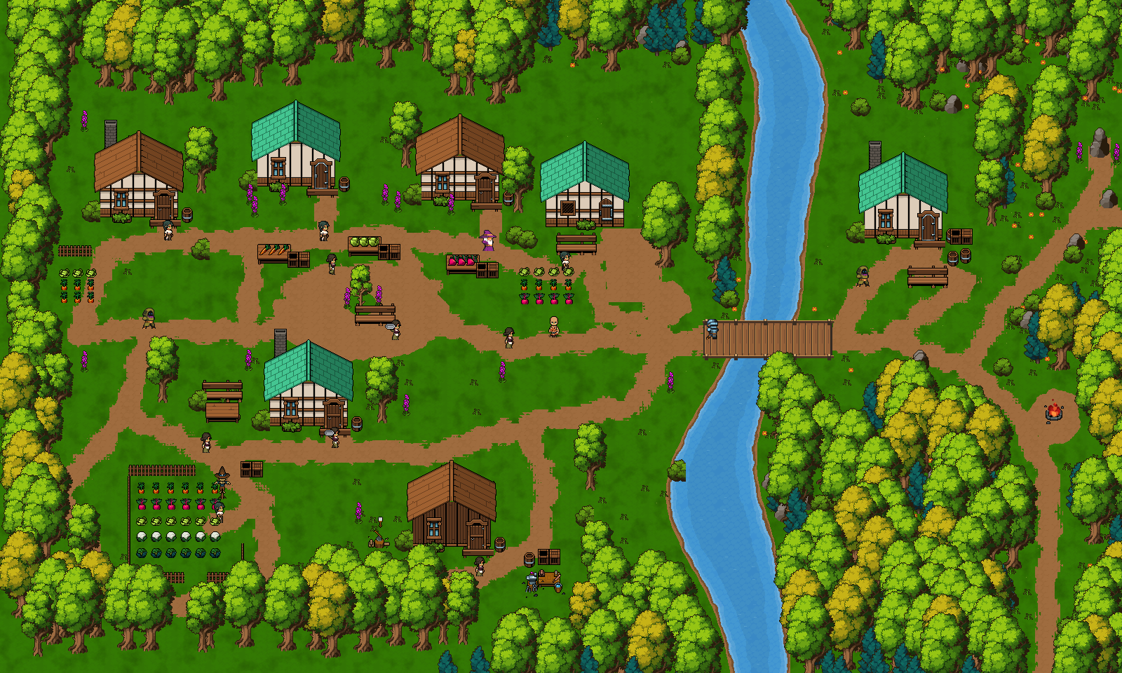 Vila em pixel art cercada de árvores, com casas, horta e uma ponte sobre o rio
